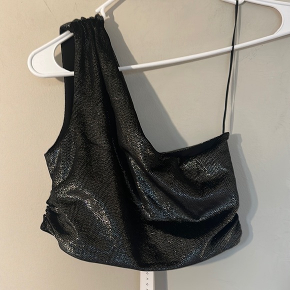 NWT Susana Monaco Black Metallic One Shoulder Ruched crop top women size Small - Picture 11 of 11